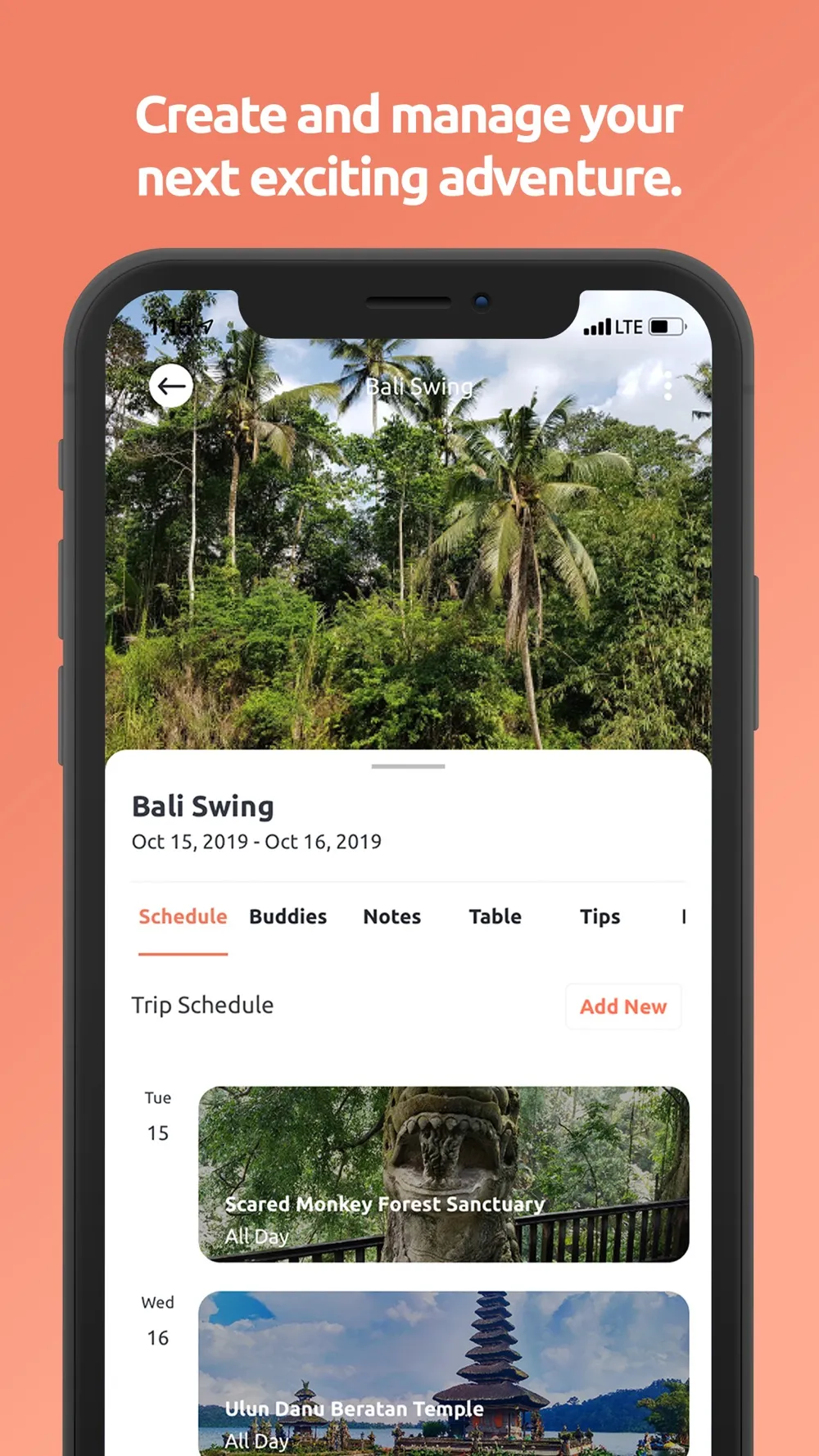 Create and manage an adventure with schedule, notes and tips
