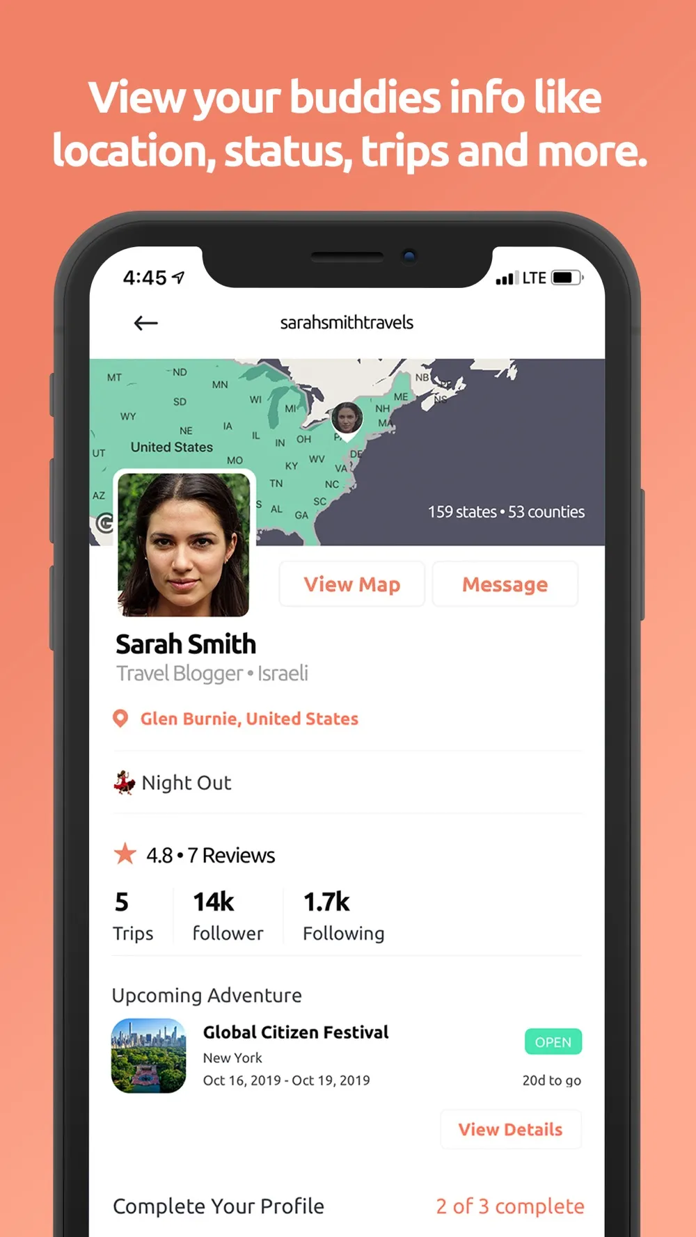 Travel buddy profile with location, trips and reviews